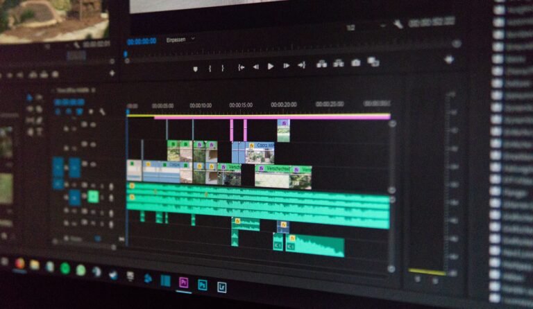 Content creator using AI video generation software to create professional videos on a computer.